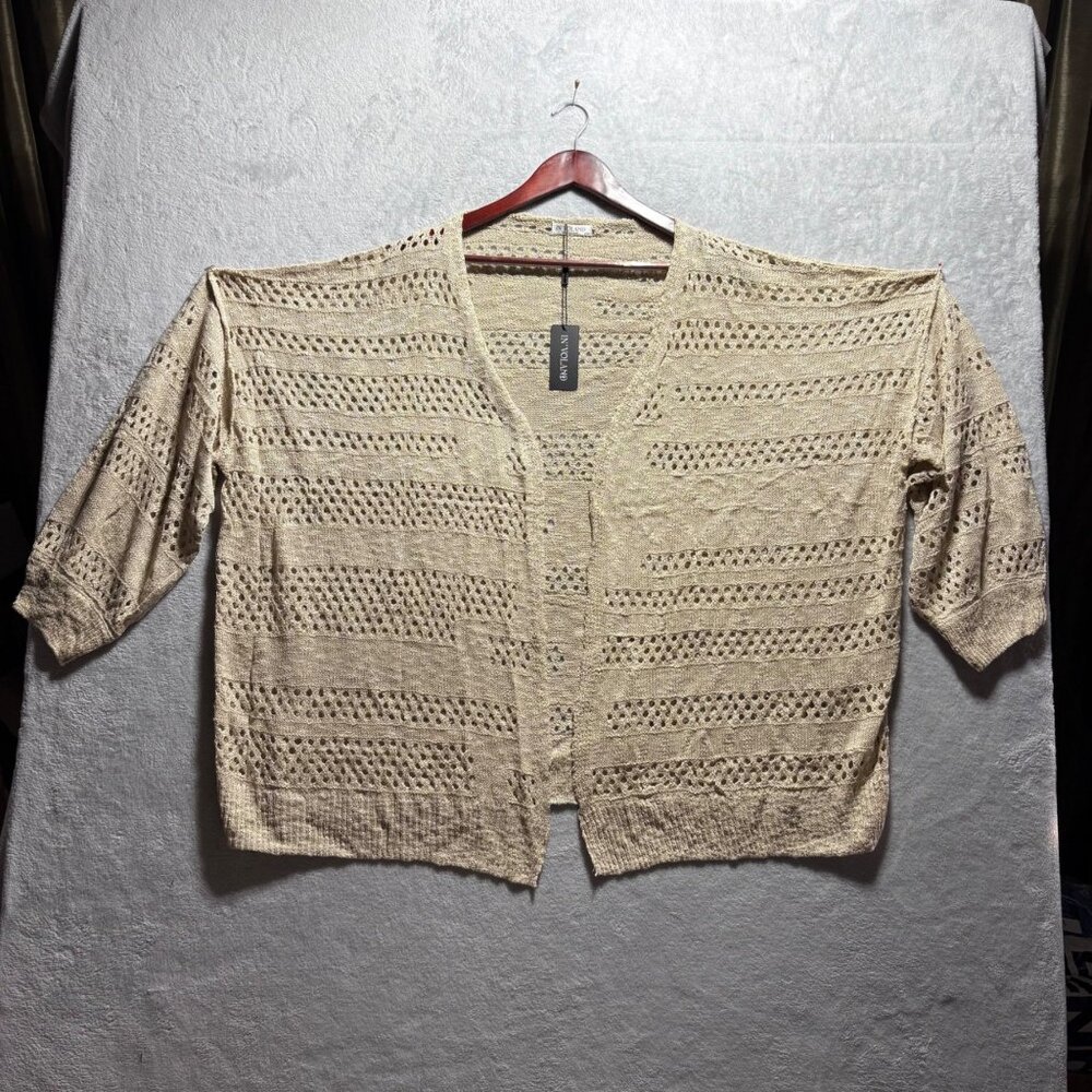 NWT In Voland Womens Plus Size 24W Crochet Knit Tan Beige Open Sweater Cardigan